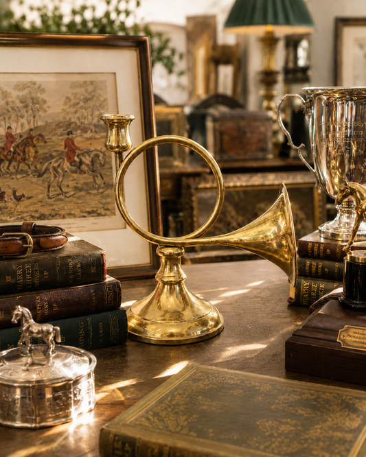 Antique English Solid Brass Hunt Horn Candelabra