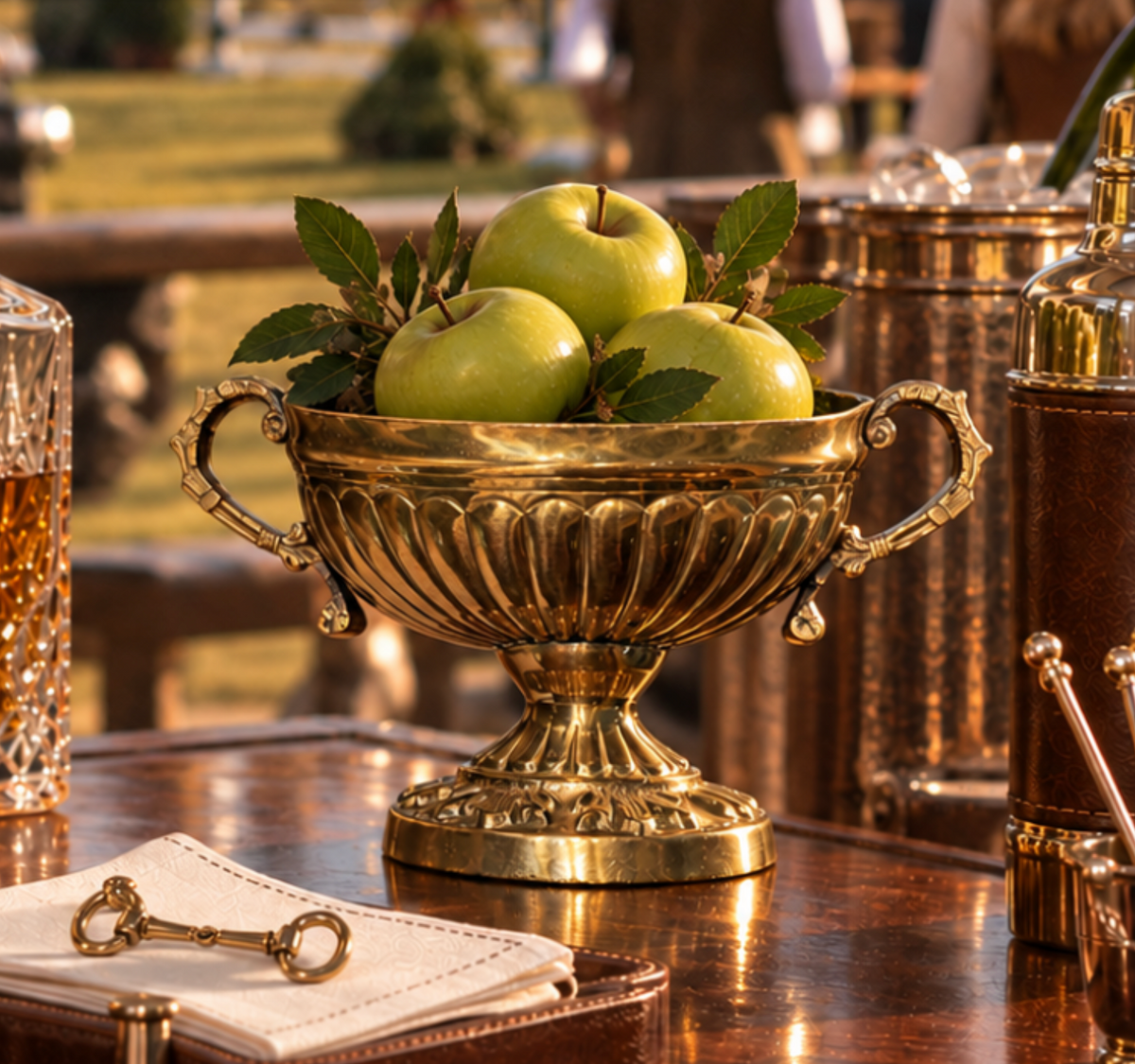 An ornate gold-toned metal urn bowl with two handles, filled with three green apples and leafy stems, set on a polished wooden table in a warm outdoor setting.
