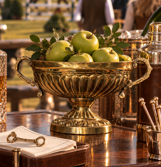 A decorative brass pedestal bowl filled with green apples and leafy stems, displayed on a polished wooden table in an outdoor event setting with barware and warm sunlight.