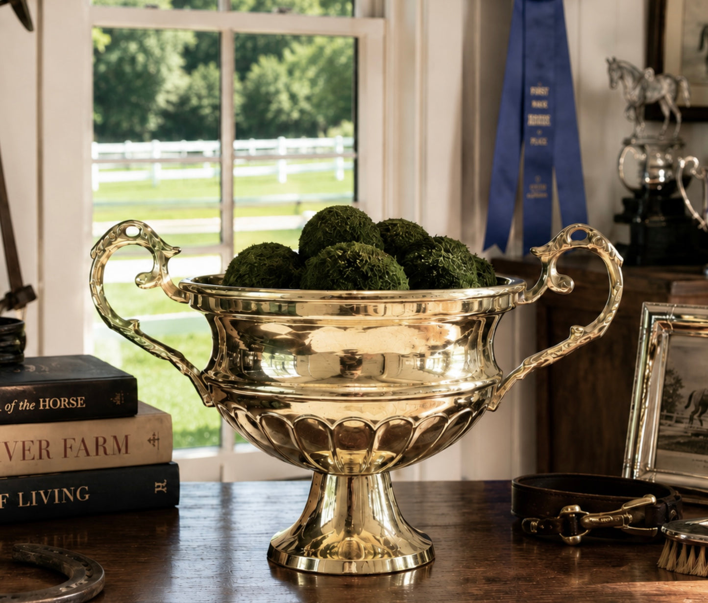 Vintage Brass Trophy Pedestal Bowl with Ornate Scroll Handles