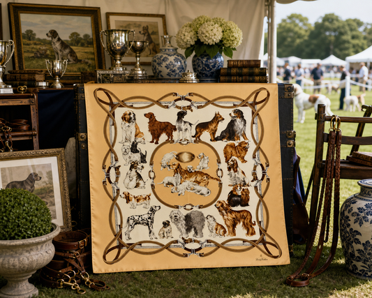 Decorative tapestry with images of dogs displayed outdoors on a grassy area.