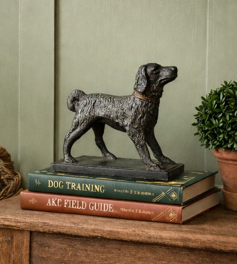 Bronze dog statue on top of two books with a green wall and plant in the background