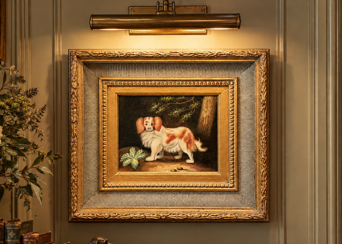 Vintage Spaniel Dog Painting in Ornate Gilt Frame
