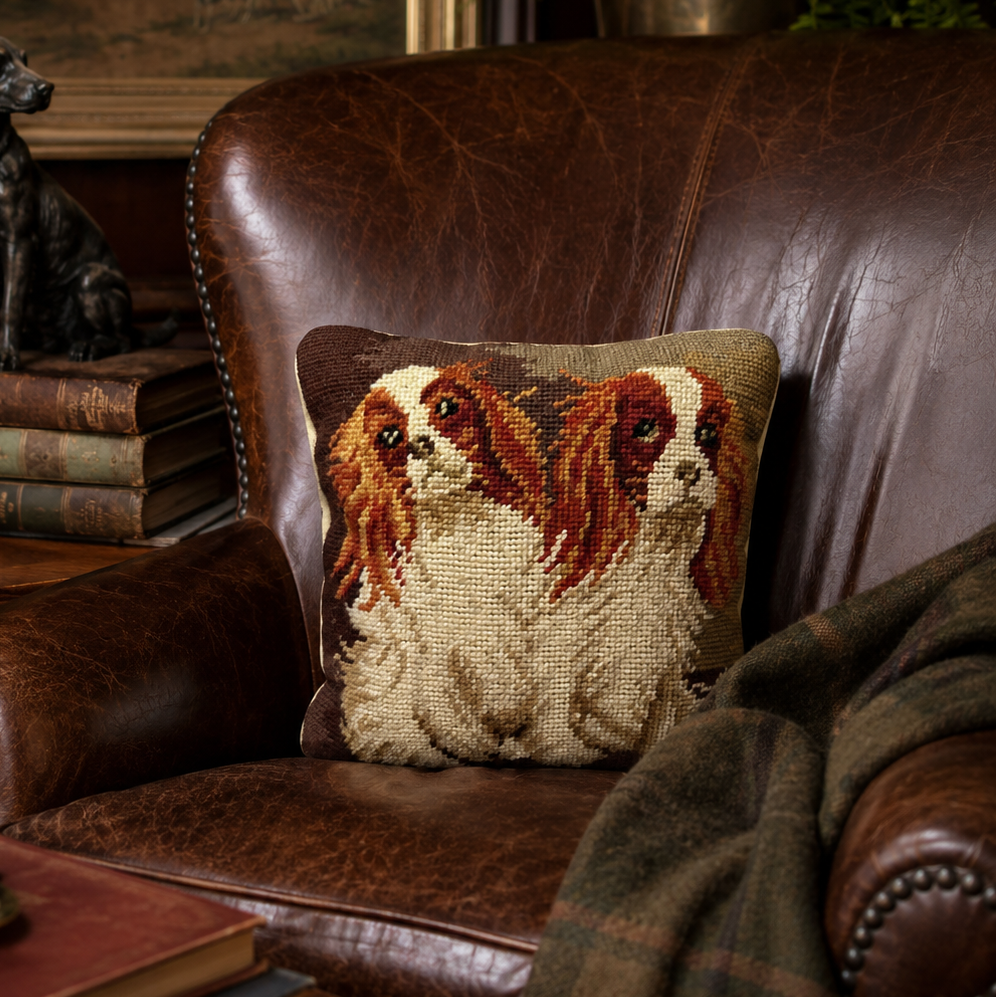 Cavalier King Charles Spaniel pillow, Cavalier needlepoint pillow, dog needlepoint pillow, handmade needlepoint pillow, velvet back pillow, vintage dog pillow, English country decor, dog lover gift, small decorative pillow, cottage style pillow, Ralph Lauren style decor, spaniel pillow, needlepoint dog decor