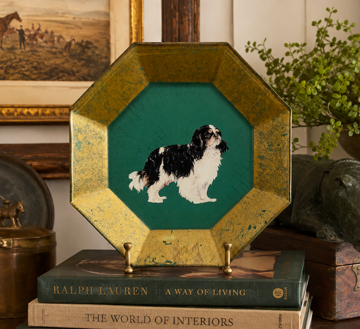 Vintage Scully & Scully Deux Amis Cavalier King Charles Spaniel Reverse Hand Painted Glass Plate