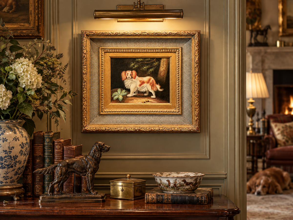 Vintage Spaniel Dog Painting in Ornate Gilt Frame