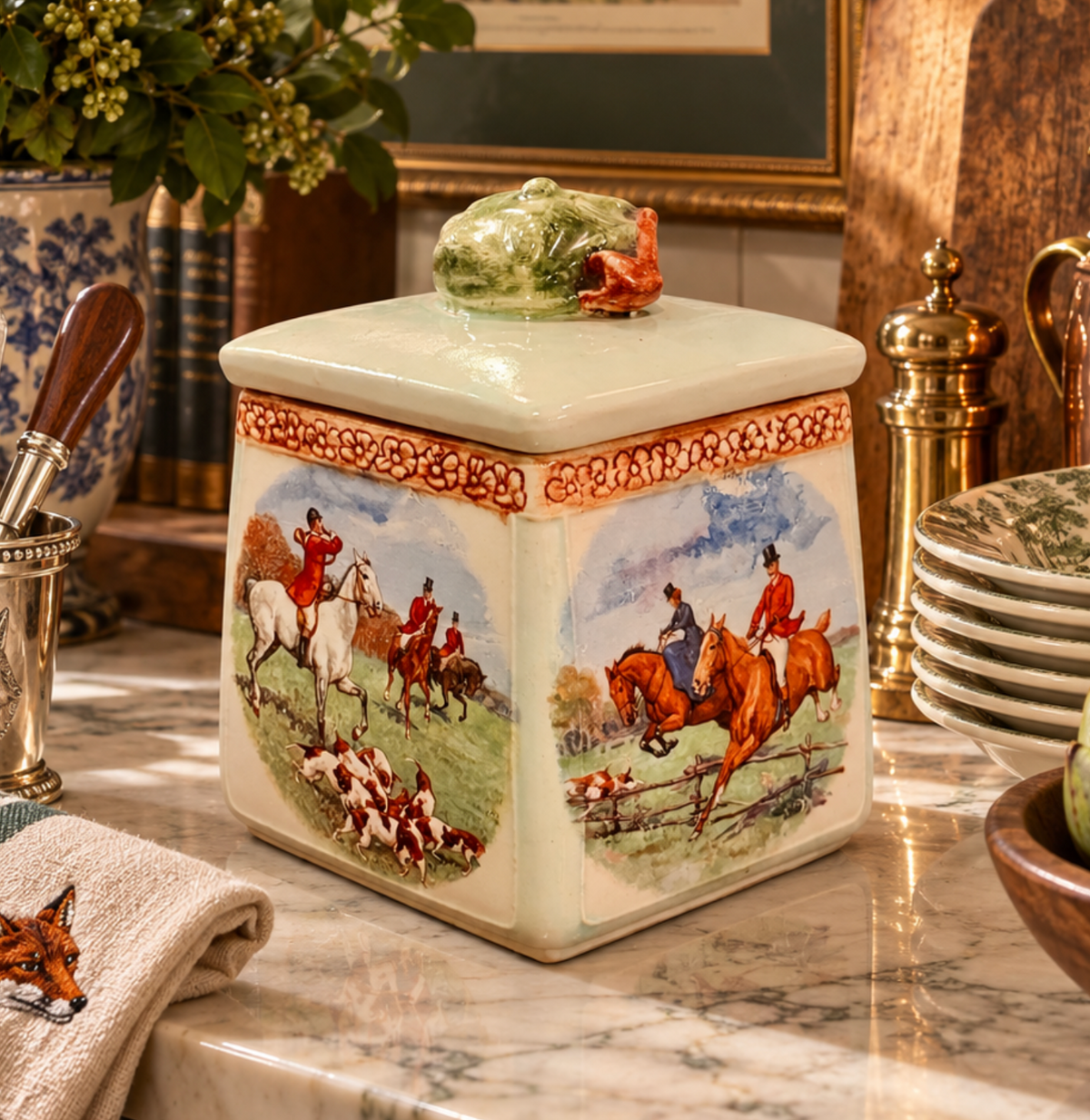 Vintage Hand-Painted English Fox Hunt Ceramic Covered Jar