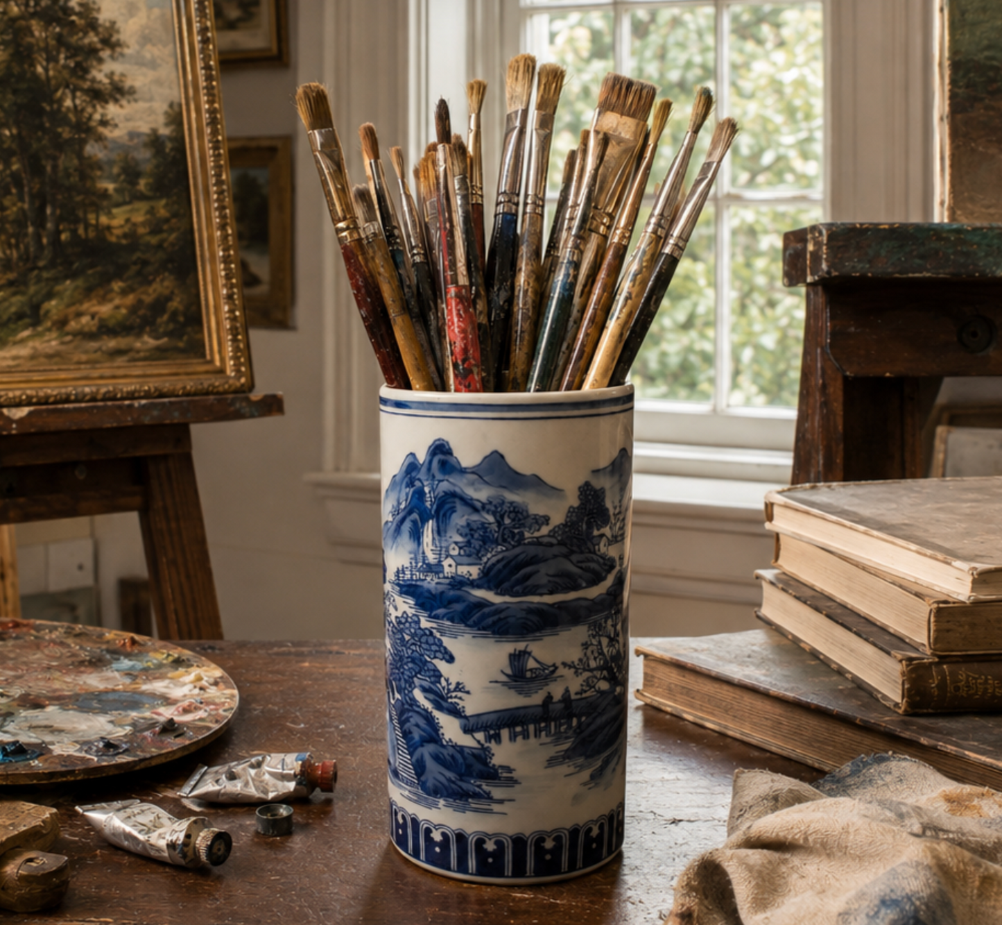 A blue and white porcelain artist's paint holder filled with assorted paintbrushes, set on a wooden table in a painterly studio with tubes, a palette, books, and framed art.