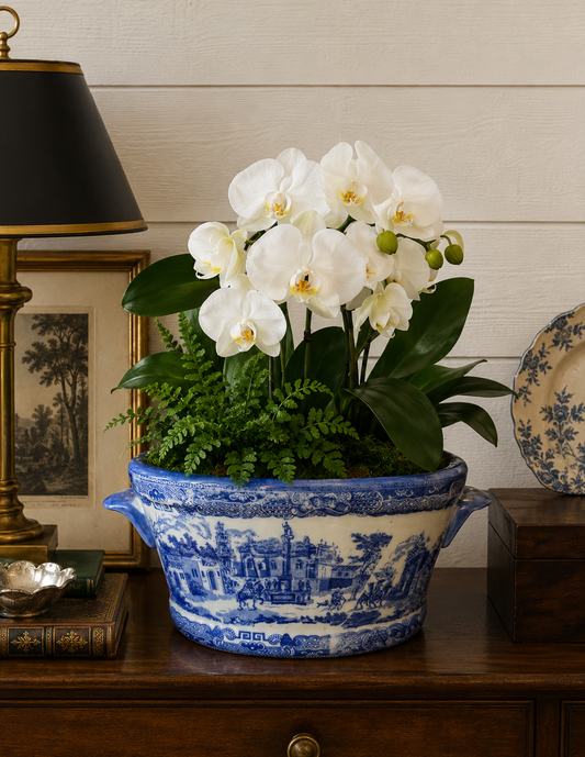 Antique Blue & White Transferware Foot Bath Planter | Small English-Style Ironstone Cachepot