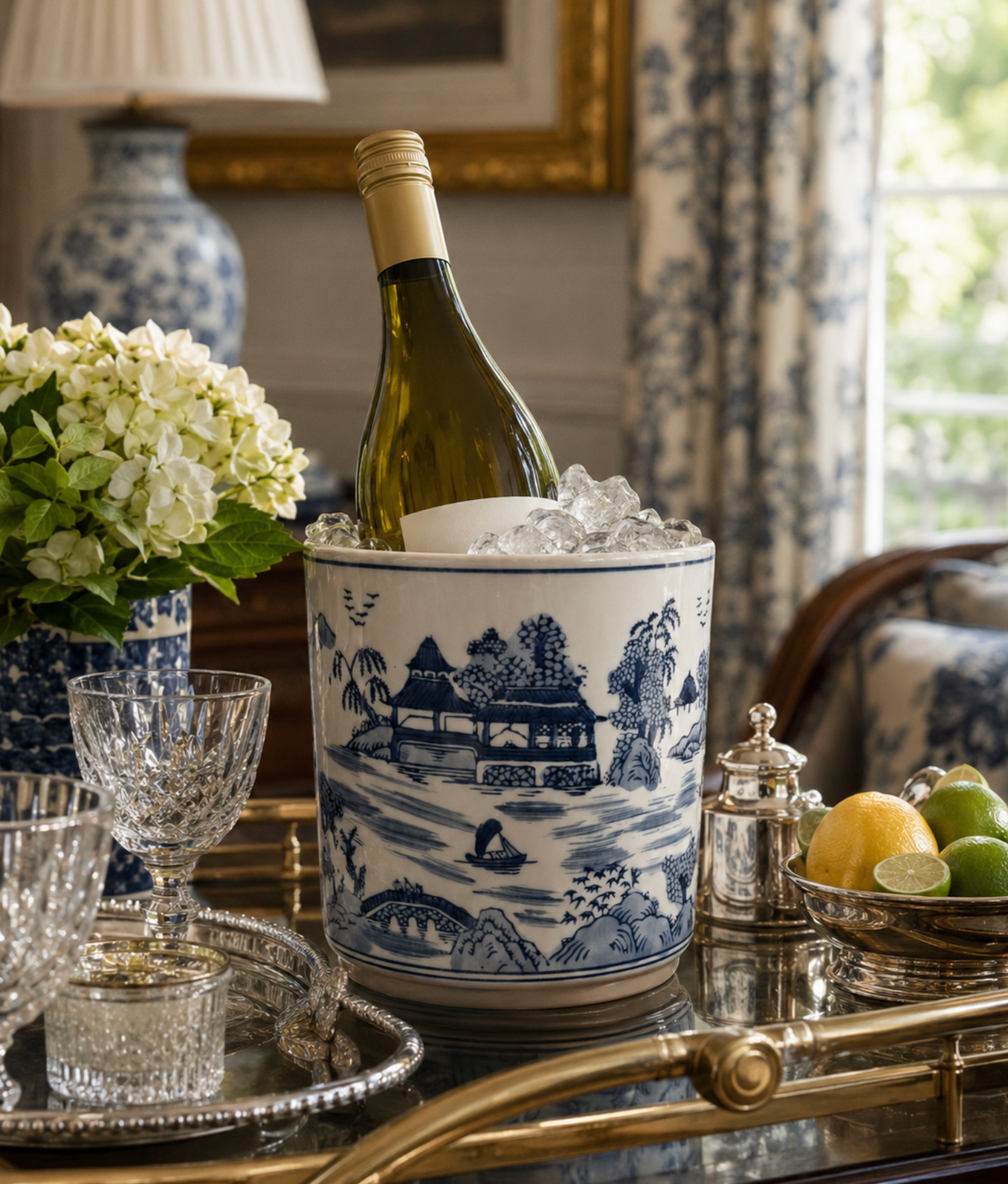 A blue-and-white porcelain wine bottle ice bucket filled with crushed ice and a green wine bottle, styled on a gold-trimmed tray in an elegant room with blue-and-white floral textiles, glassware, flowers, and lemons.