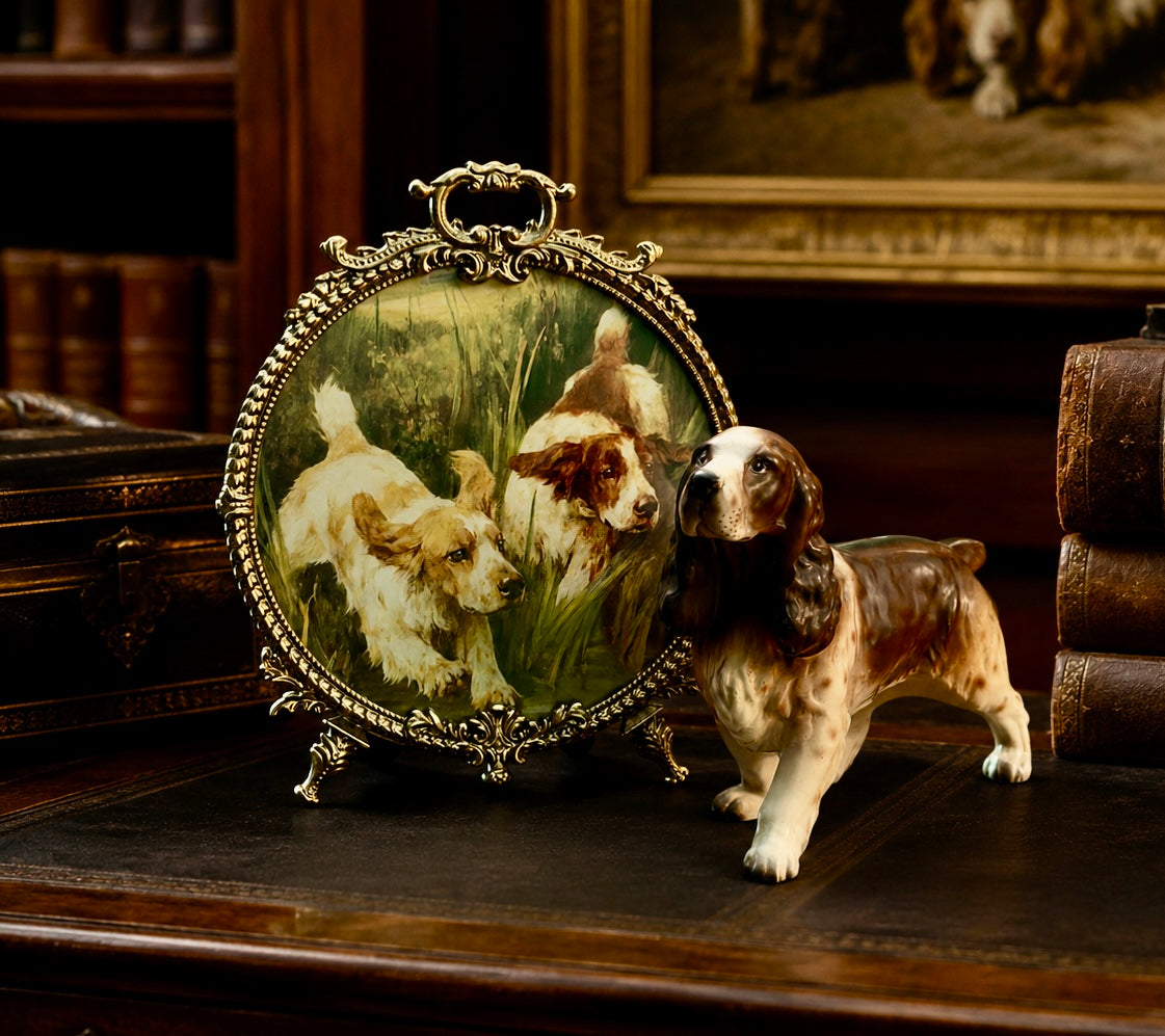 Antique Sporting Dog Vignette Set - Gilt Framed Hunting Spaniels Print & Porcelain Cocker Spaniel Figurine