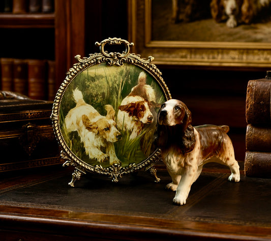 Antique Sporting Dog Vignette Set - Gilt Framed Hunting Spaniels Print & Porcelain Cocker Spaniel Figurine