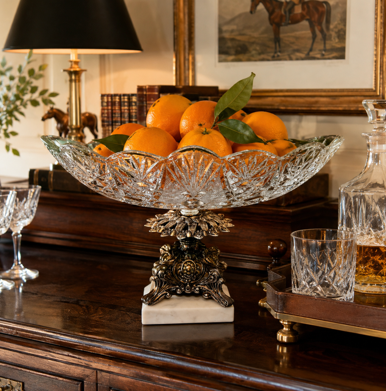 A clear cut-glass fruit bowl with an ornate dark metal pedestal stand and white marble base, filled with oranges on a dark wooden console table in a styled interior setting.