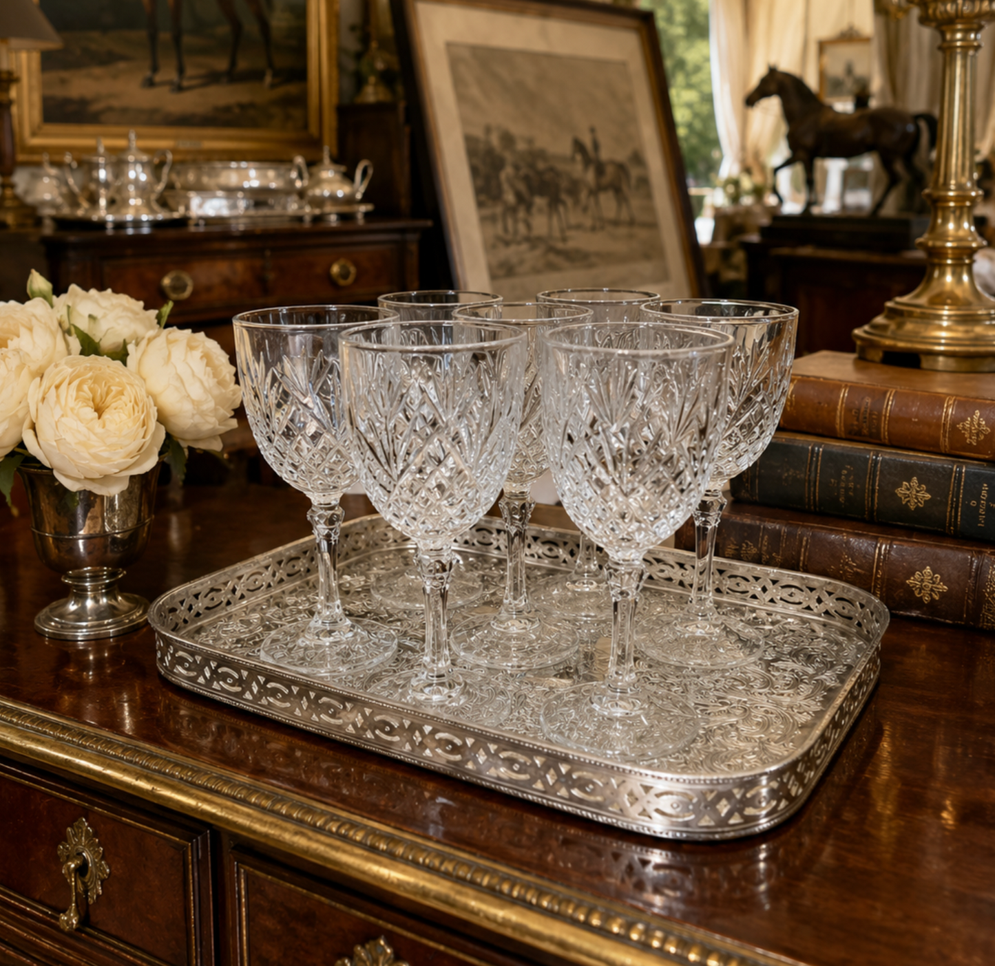 Antique Set of 7 Saint-Louis Florence Pineapple Cut Crystal Cordial Glasses and Barker Ellis England Gallery Tray