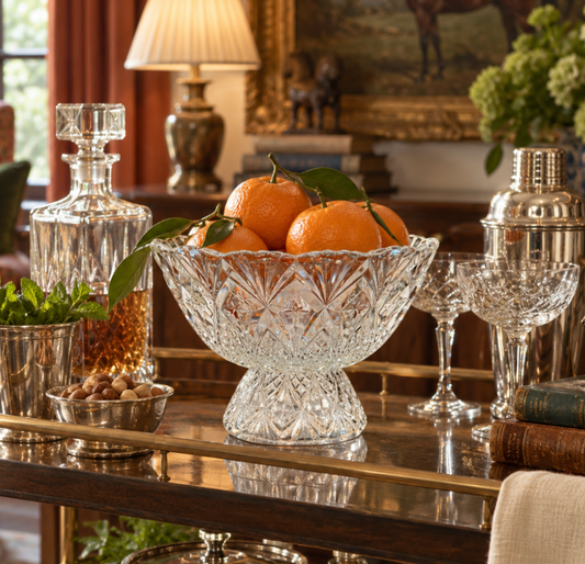 Vintage Pressed Glass Pedestal Bowl with Starburst & Diamond Pattern