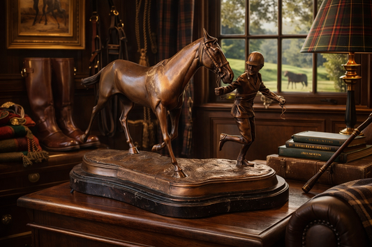 Bronze sculpture of a horse and rider on a wooden base in an elegant room.