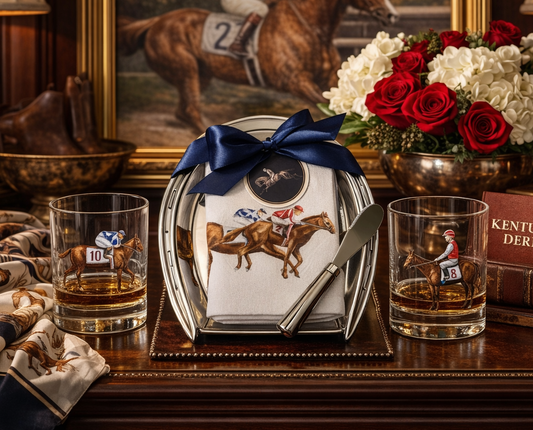 Decorative tray with racing theme, glasses of whiskey, and floral arrangement on a wooden surface.