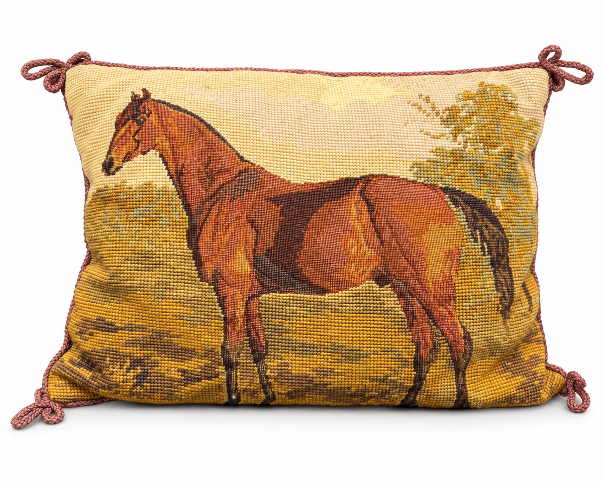 Vintage Equestrian Wool Petit Point Needlepoint Pillow