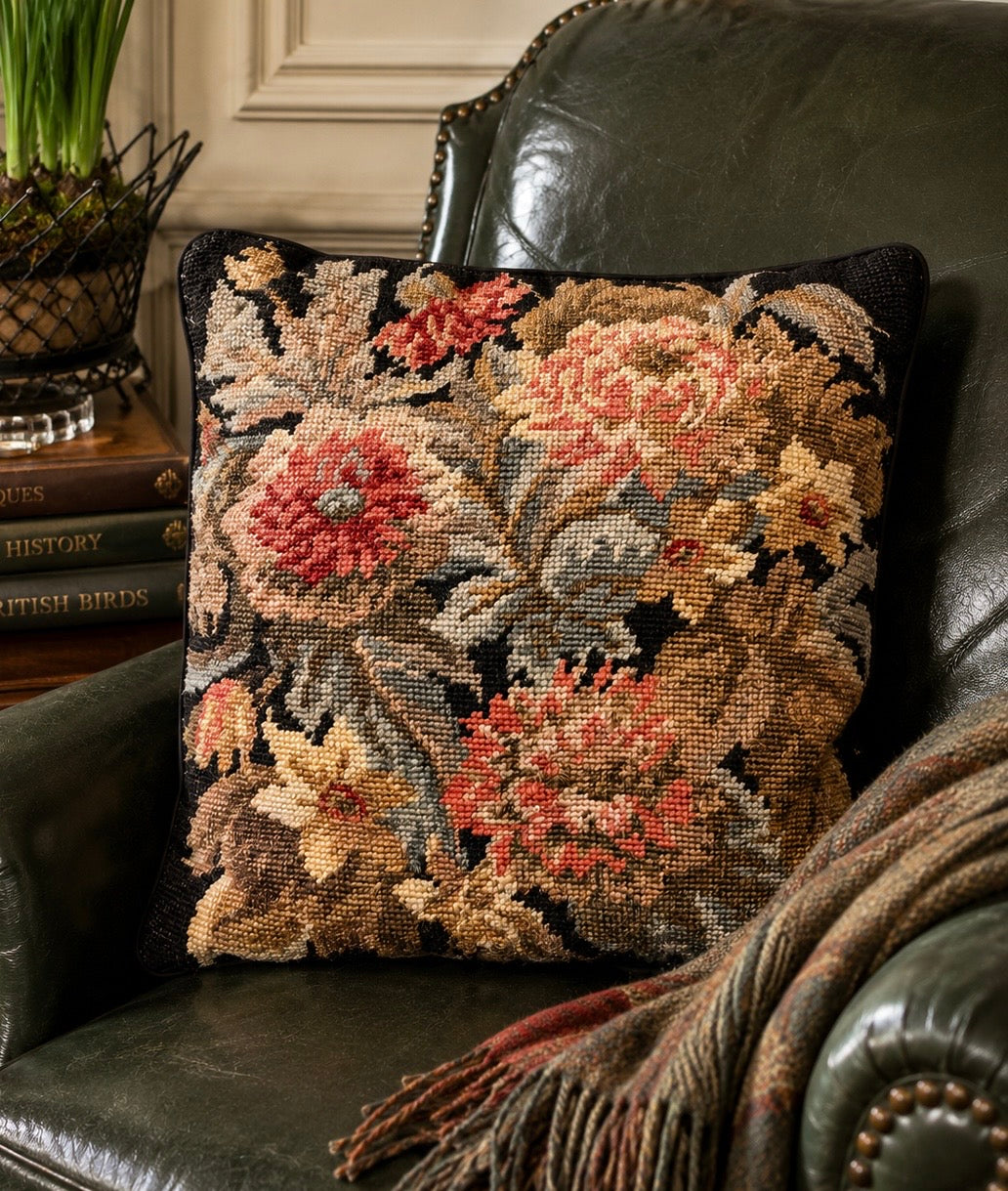 Antique Needlepoint Botanical Accent Pillow with Velvet Backing - Pair Available