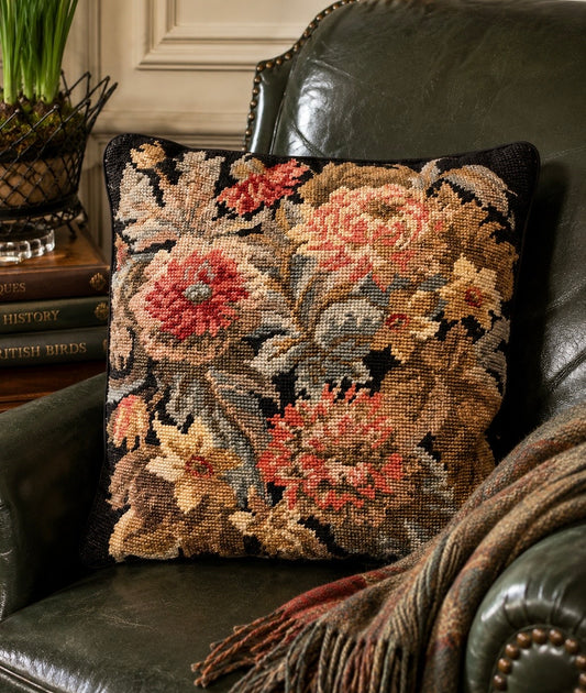 Antique Needlepoint Botanical Accent Pillow with Velvet Backing - Pair Available