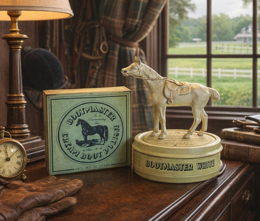 Decorative horse figurine on a round base with 'Bootmaster' branding, next to a box and clock on a wooden surface.