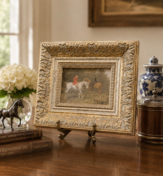 Vintage Equestrian Hunt Scene Canvas Print in Ornate Gilt Toned Frame