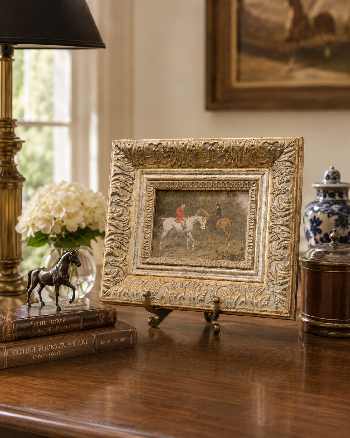 Vintage Equestrian Hunt Scene Canvas Print in Ornate Gilt Toned Frame