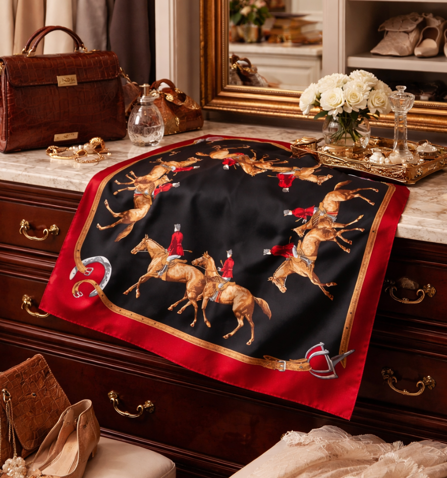 Decorative scarf with horse and rider design on a dresser with handbags and flowers.