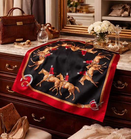 Decorative scarf with horse and rider design on a dresser with handbags and flowers.