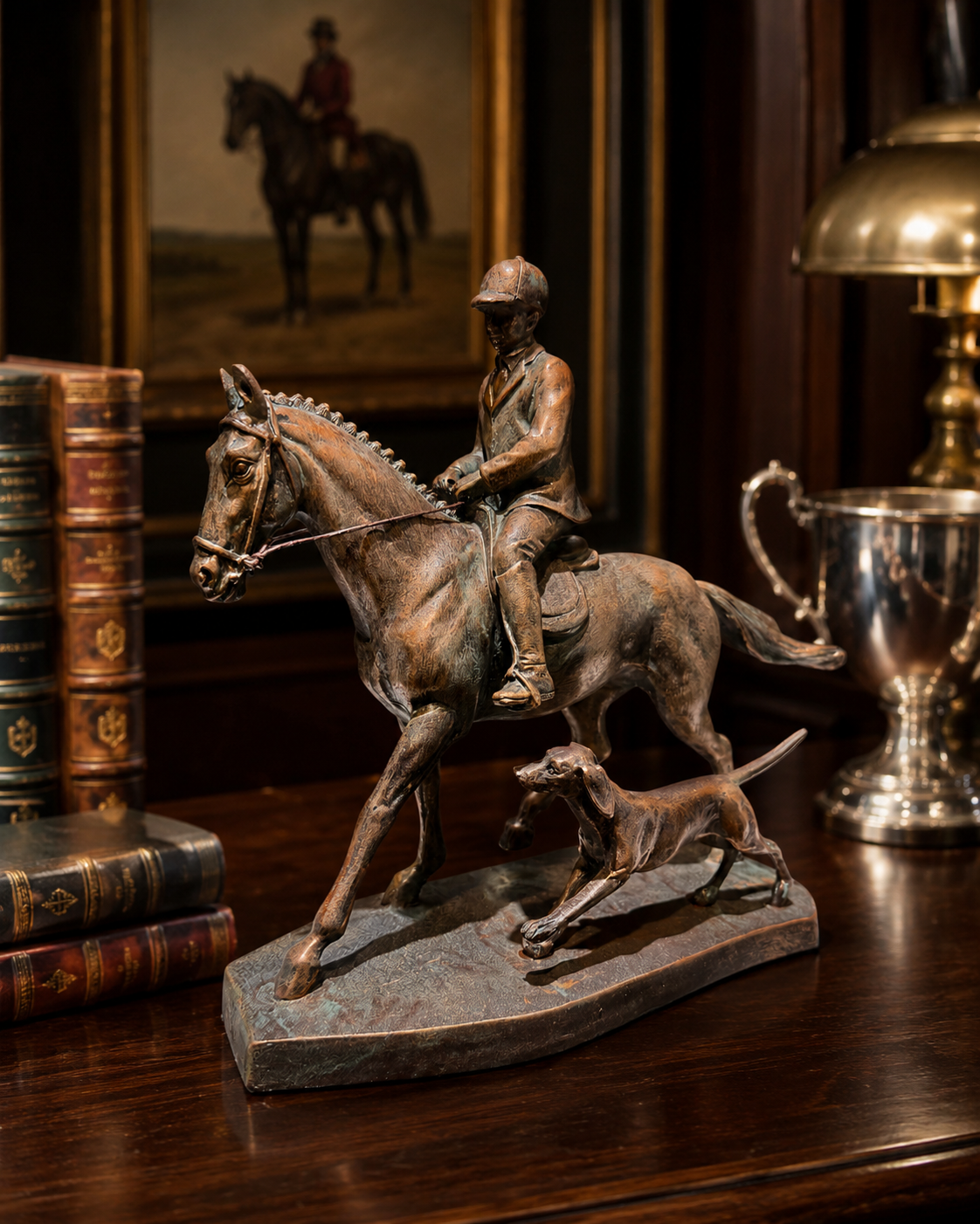 Equestrian sculpture, horse and rider sculpture, horse hound sculpture, hunt country decor, fox hunt decor, horse statue, rider and hound statue, bronze patina sculpture, copper patina horse sculpture, equestrian decor, horse lover gift, Ralph Lauren style decor, traditional home decor, bookshelf sculpture, tabletop horse statue