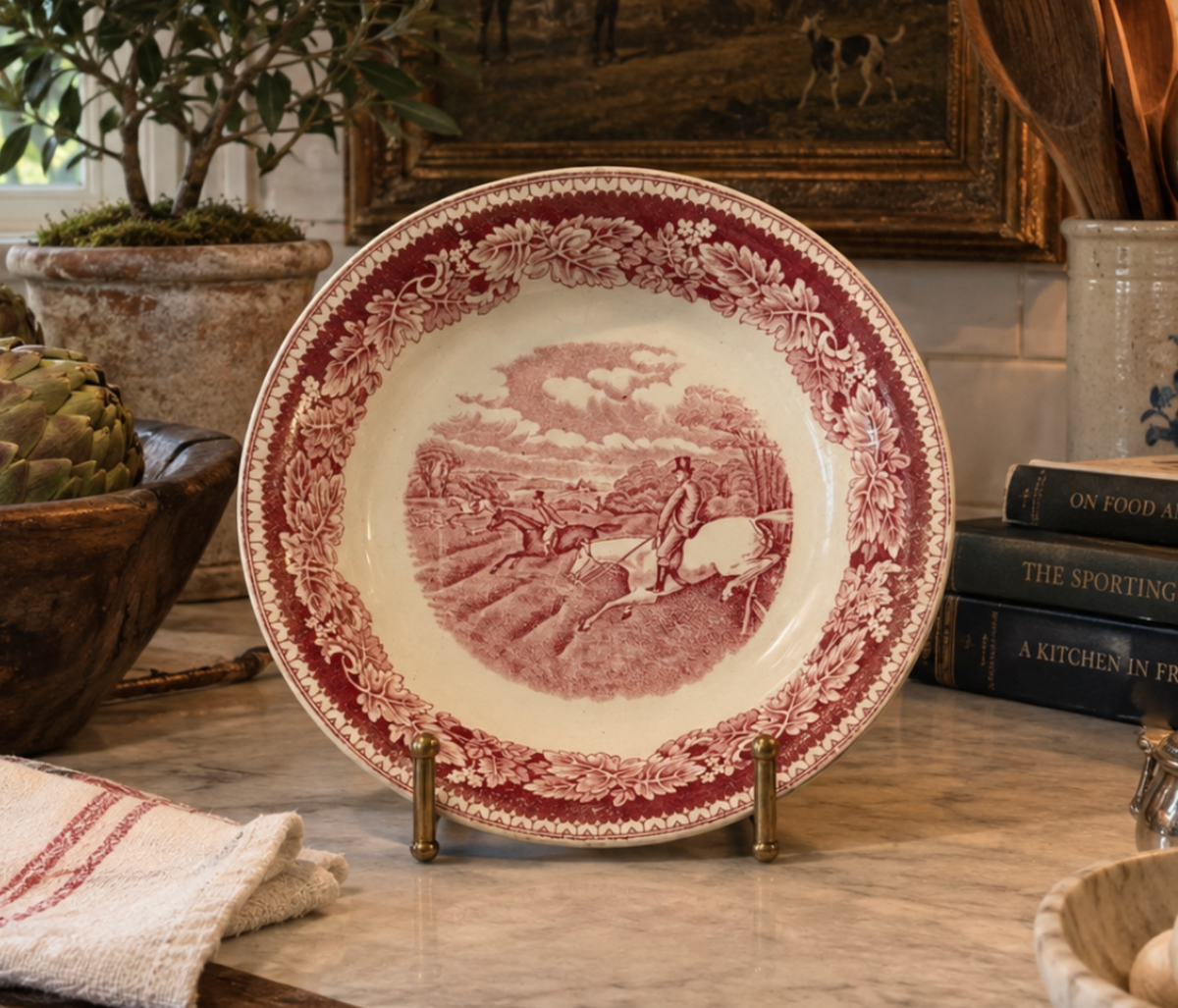 Vintage Fox Hunting “Full Cry” Red Transferware Bowl