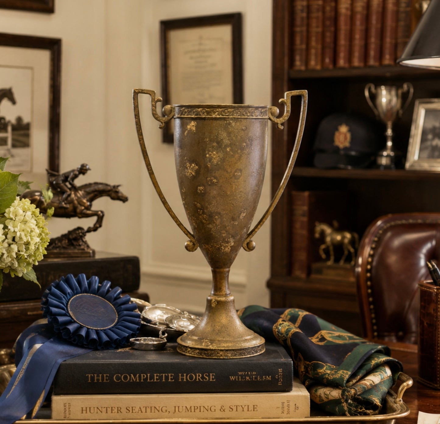 An antique-style bronze horse racing trophy cup displayed on a table in a decorated study, surrounded by books, a blue ribbon, and a green patterned scarf.