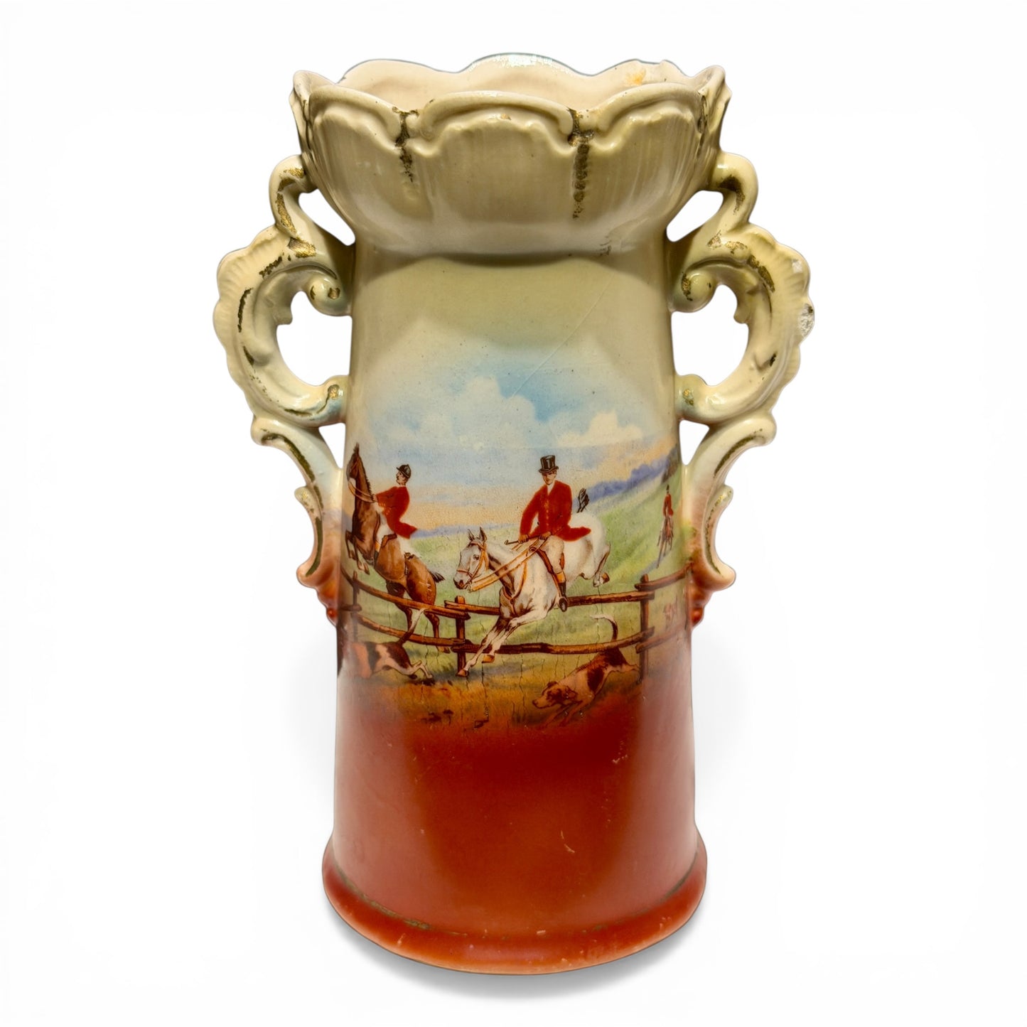 Vintage Czechoslovakian Porcelain Fox Hunting Motif Vase, c.1945