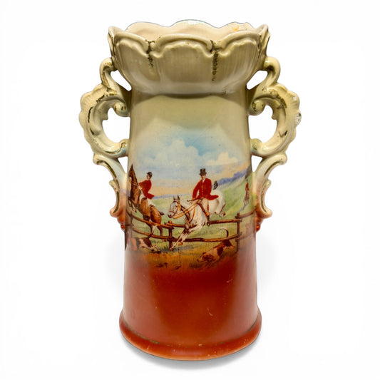 Vintage Czechoslovakian Porcelain Fox Hunting Motif Vase, c.1945