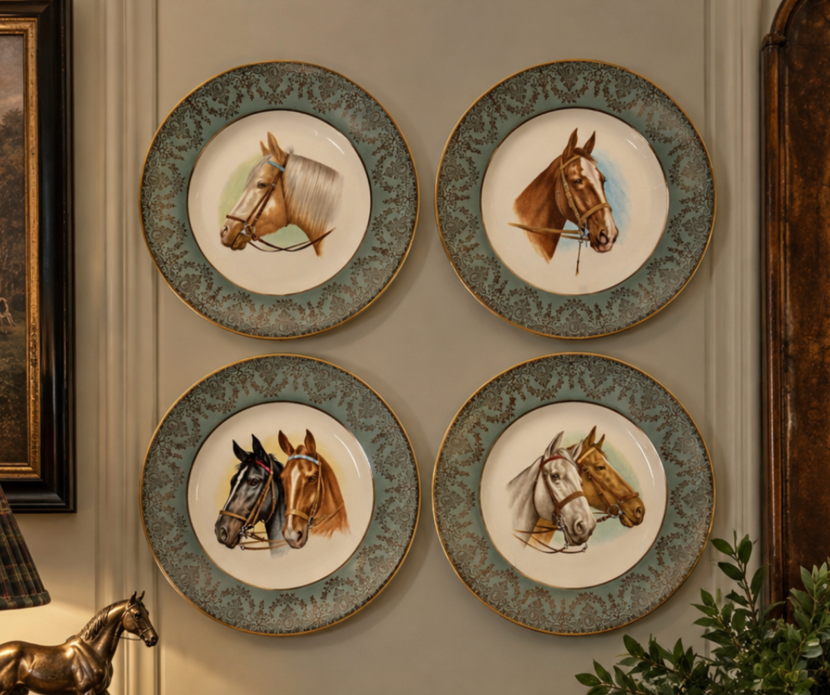 Four decorative ceramic wall plates with horse illustrations, arranged in a 2x2 grid on a beige wall. Each plate features a detailed horse portrait in the center with a textured teal and gold rim.
