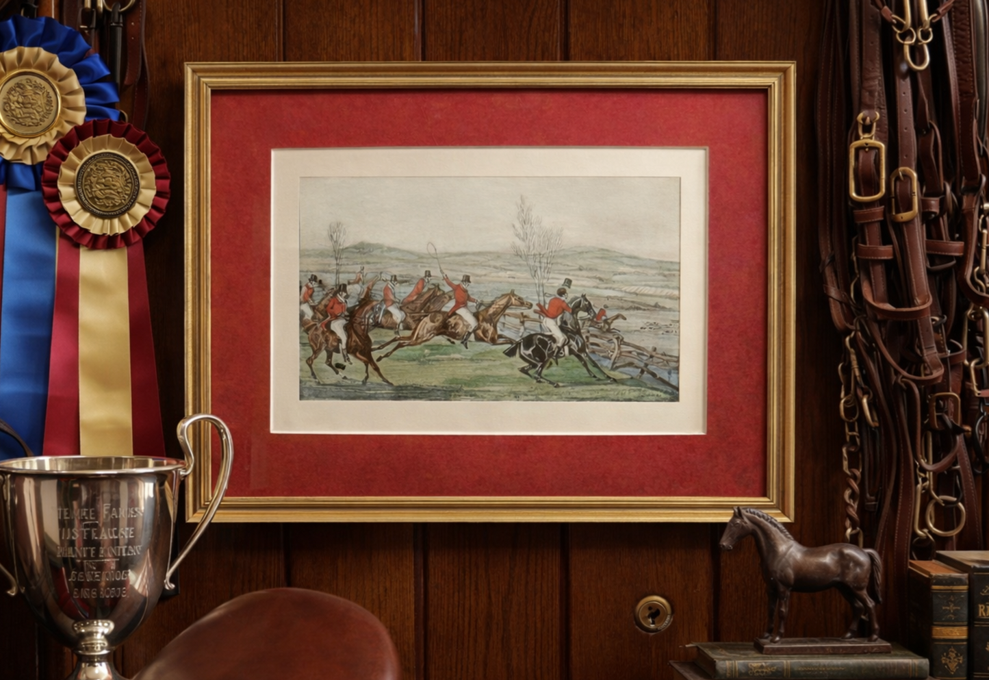Framed artwork of a horse race on a red background with trophies and horse equipment.