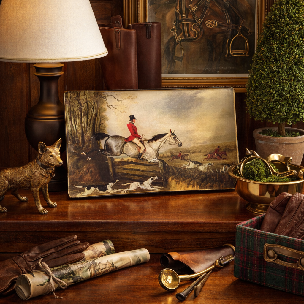 Decorative shelf with hunting-themed items including a painting of a hunter on horseback, fox figurine, and other trinkets.