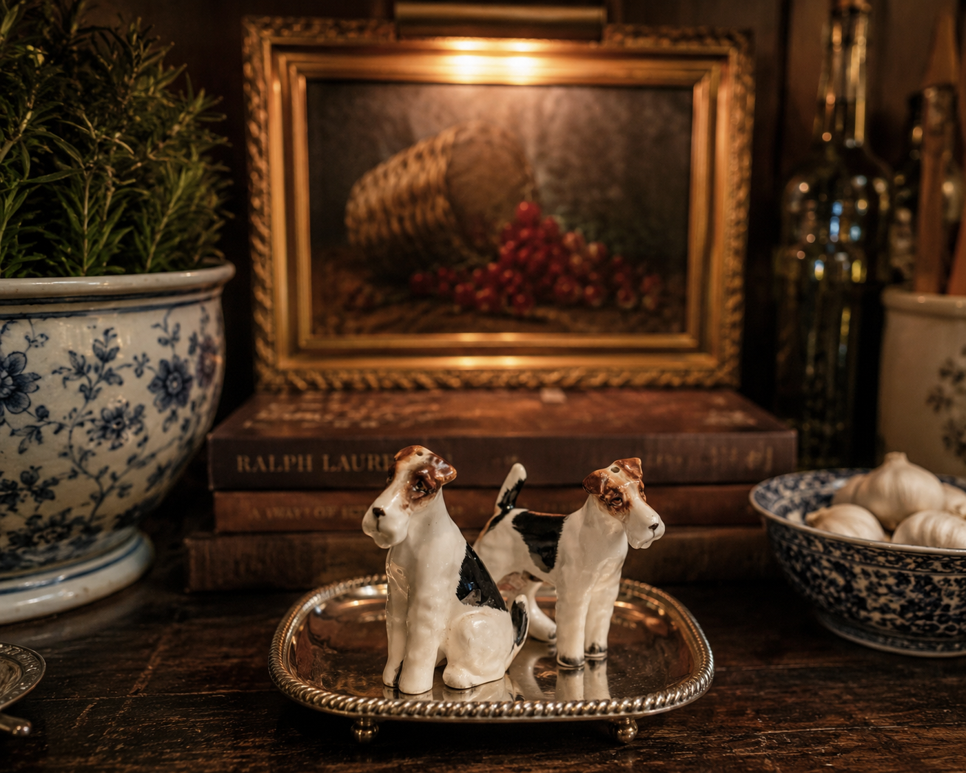 Antique Porcelain Fox Terrier Salt & Pepper Shaker Figurines