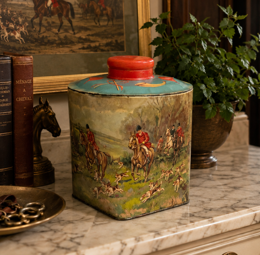A vintage rectangular metal tea canister with a lid, decorated with a detailed hunting scene of riders on horseback and dogs, displayed on a marble countertop.