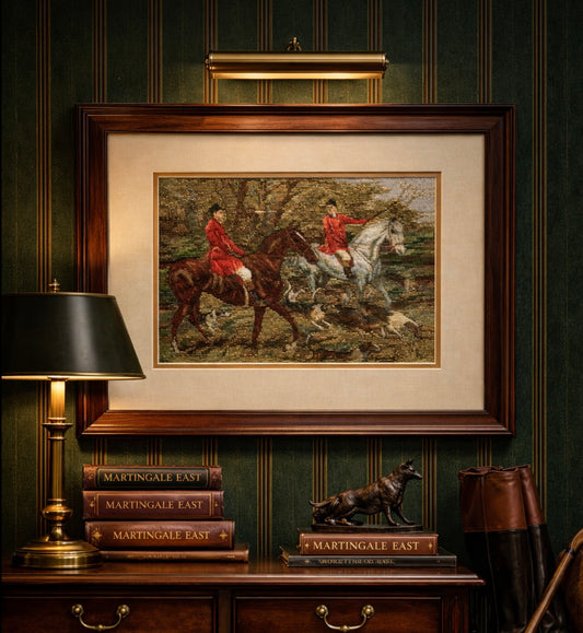 Framed painting of two people on horseback in a room with decorative elements.
