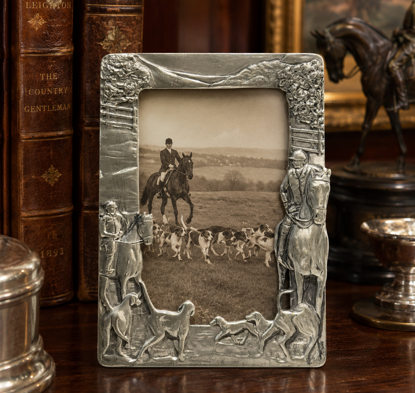Vintage Pewter Fox Hunting Picture Frame