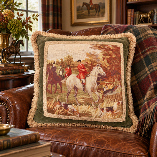 Vintage Fox Hunt Wool Needlepoint Pillow with Olive Velvet & Fringe