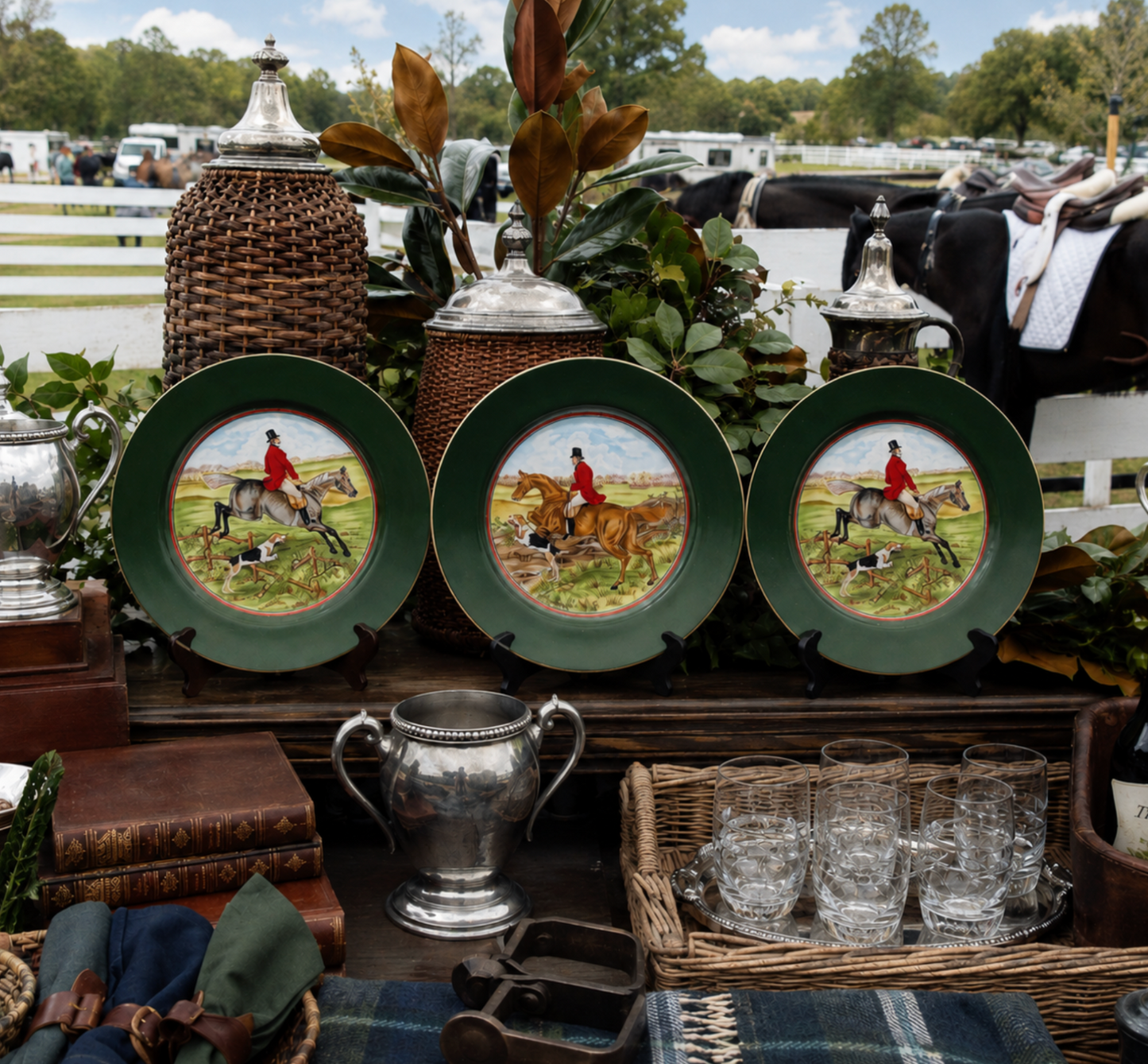 Three decorative equestrian plates with green rims and a rider on horseback illustration are displayed on a wooden table at an outdoor event, surrounded by wicker baskets, silverware, glasses, and horse tack.