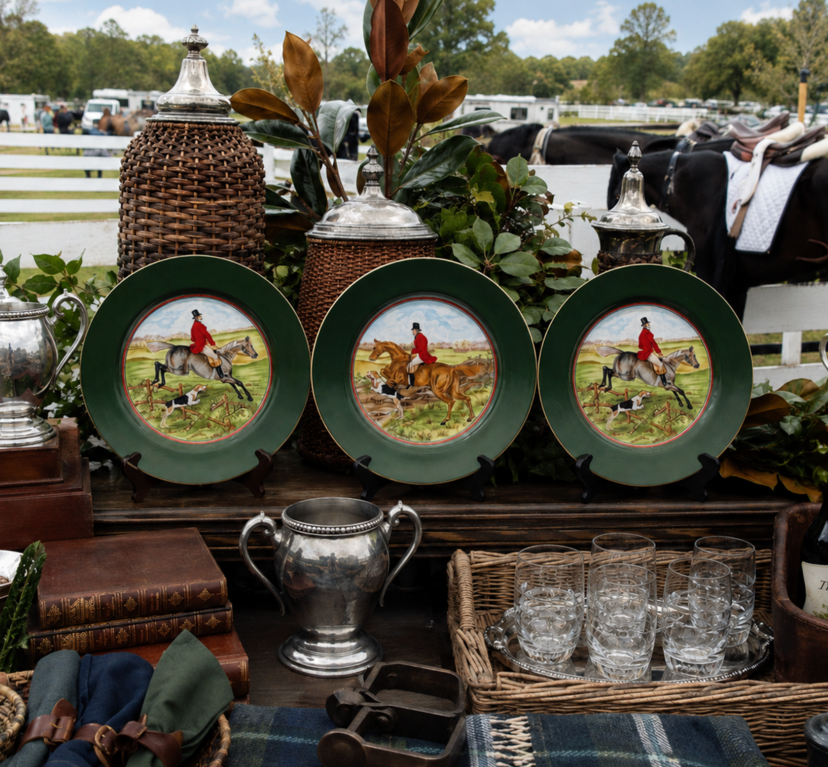 Three decorative equestrian plates with green rims and a rider on horseback illustration are displayed on a wooden table at an outdoor event, surrounded by wicker baskets, silverware, glasses, and horse tack.
