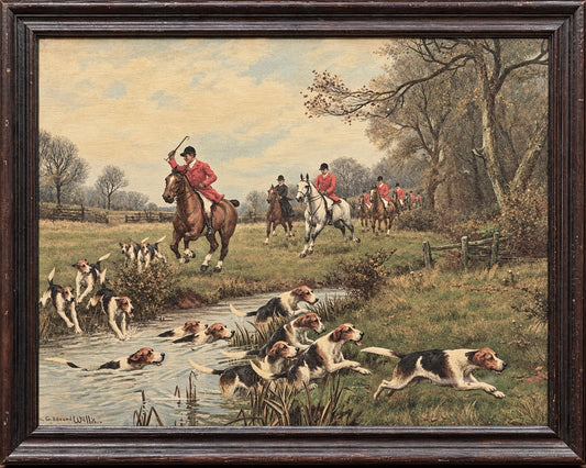 Vintage English Fox Hunting Lithograph After Sanderson-Wells in Wood Frame