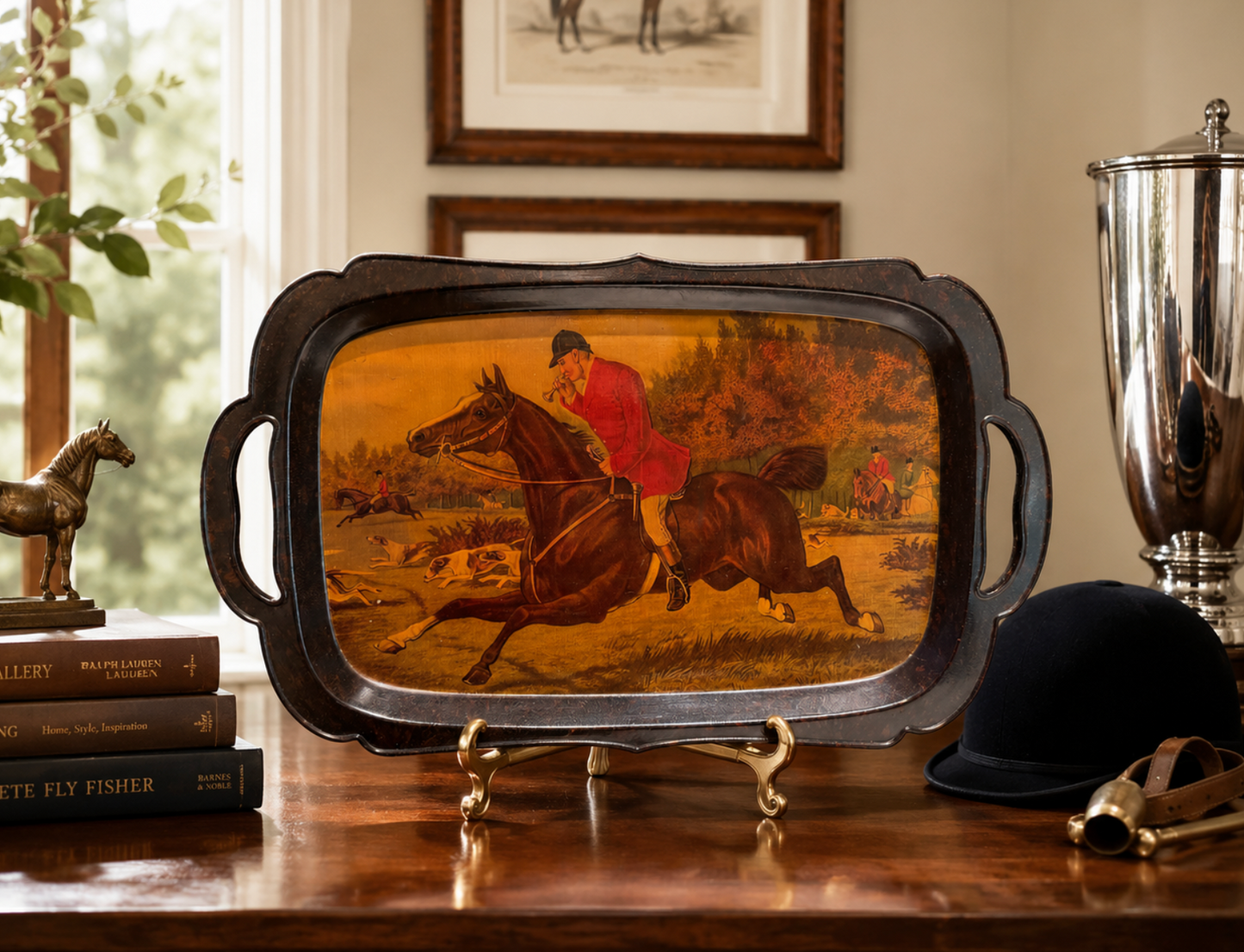 Decorative tray with a horse and jockey design on a wooden surface.