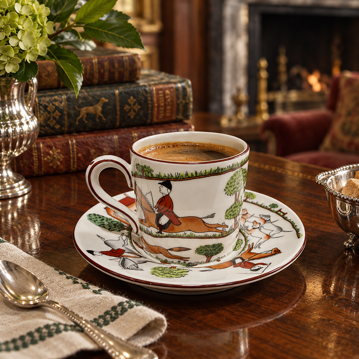 Vintage Crown Staffordshire Hunting Scene Fine Bone China Demitasse Cup & Saucer