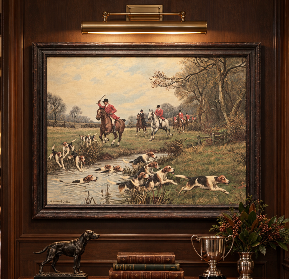 Vintage English Fox Hunting Lithograph After Sanderson-Wells in Wood Frame