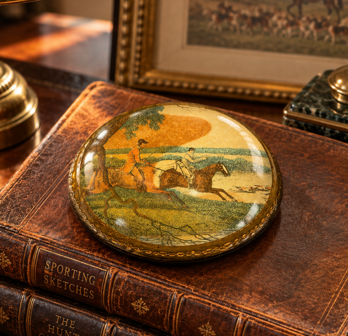 An oval decorative trinket box with a vintage-style equestrian illustration, displayed on top of an antique brown leather-bound sketchbook.