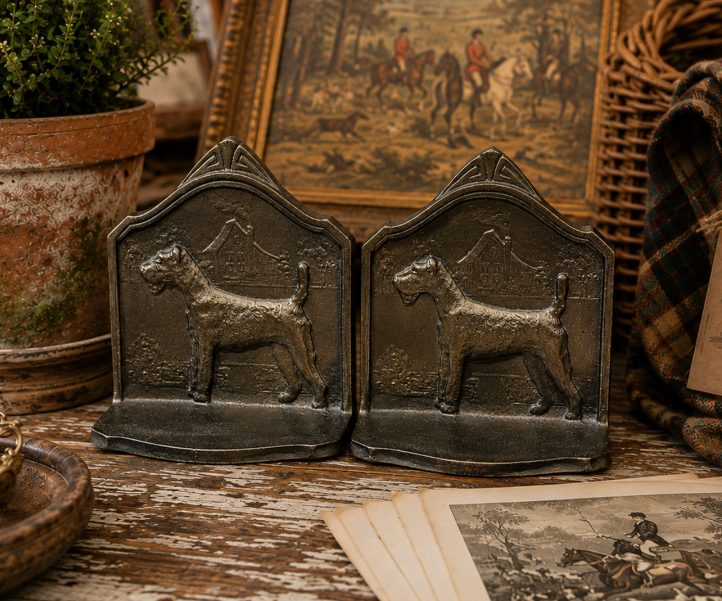 A pair of dark metal bookends shaped like Scottish Terrier dogs, displayed on a rustic wooden table with vintage-style decor in the background.
